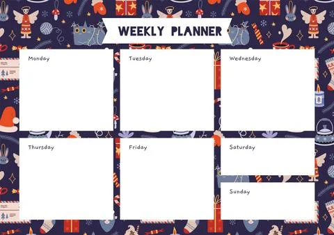Cute weekly planner with Christmas background, cartoon style. Winter cozy ele Stock Illustration