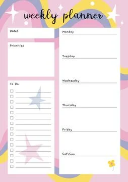Cute weekly planner, to do list, with abstract shapes and doodles, cartoon st Stock Illustration
