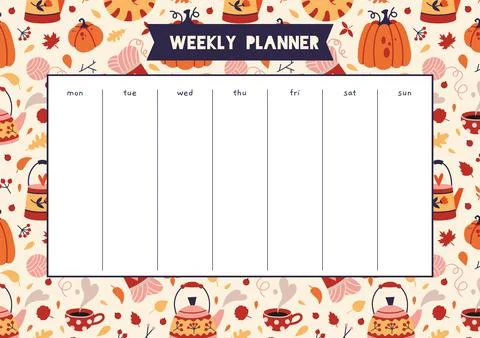 Cute weekly planner with fall background, cartoon style. Cozy autumn aestheti Stock Illustration