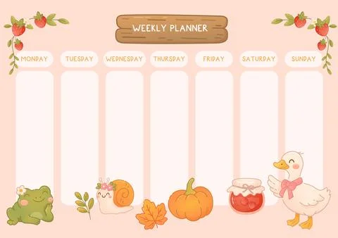 Cute weekly planner with frog, duck, pumpkin and jam Stockillustratie