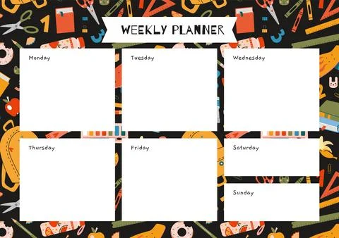 Cute weekly planner with school stationery and art supplies, cartoon style... Stock Illustration