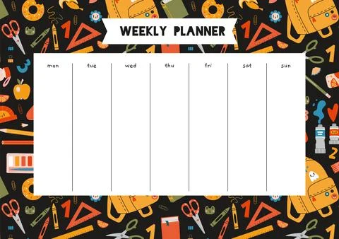 Cute weekly planner with school stationery and art supplies, cartoon style... Stock Illustration