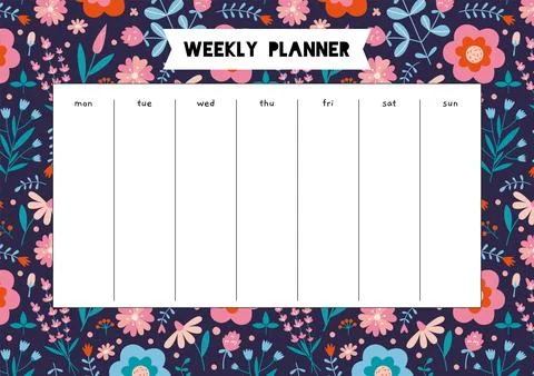 Cute weekly planner with spring vibe and flower pattern, cartoon style. Sch.. 스톡 일러스트