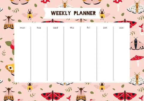 Cute weekly planner with summer vibe, moth, mushrooms, plants, cartoon styl.. Illustrazione stock
