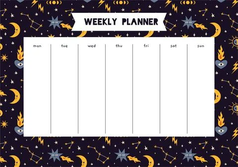 Cute weekly planner with Sun and moon, constellations, cartoon style. Space.. Stock Illustration