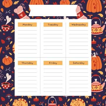 Cute weekly planner template with cozy autumn background, cartoon style. Tren Stock Illustration