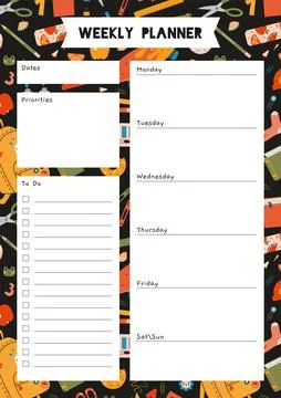 Cute weekly planner template, to do list, with school stationery and art su.. Stock Illustration