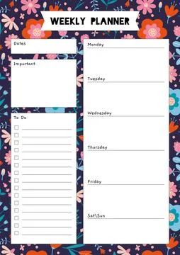 Cute weekly planner template, to do list, with spring vibe and flower patte.. Stock Illustration