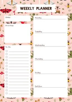 Cute weekly planner template, to do list, with summer vibe, moth, mushrooms.. Stock Illustration