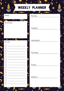 Cute weekly planner template, to do list, with Sun and moon, constellations.. Stock Illustration
