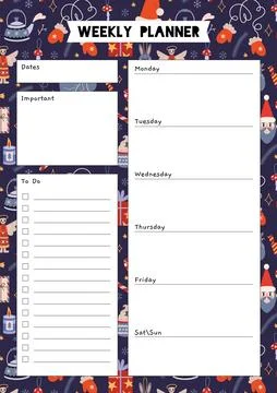 Cute weekly planner template, to do list with Christmas background, cartoon s Illustrazione stock