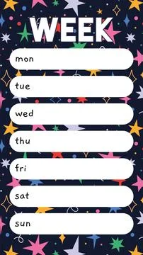 Cute weekly planner template with festive stars background, cartoon style. .. Stock Illustration