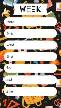 Cute weekly planner template with school stationery and art supplies, carto.. Stock Illustration