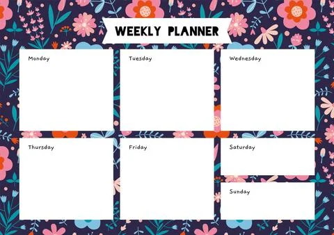 Cute weekly planner template with spring vibe and flower pattern, cartoon s.. Stock Illustration