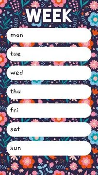 Cute weekly planner template with spring vibe and flower pattern, cartoon s.. Stock Illustration
