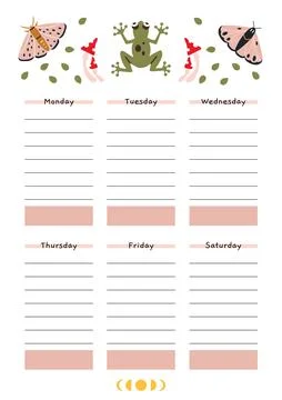 Cute weekly schedule for 6 days. Template with summer vibe, moth, frog, car.. Stock Illustration
