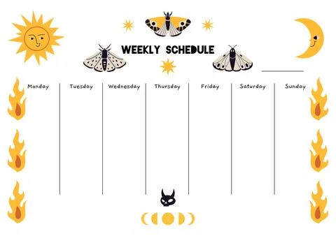 Cute weekly schedule template with magic, astrological theme, cartoon style.. Stock Illustration