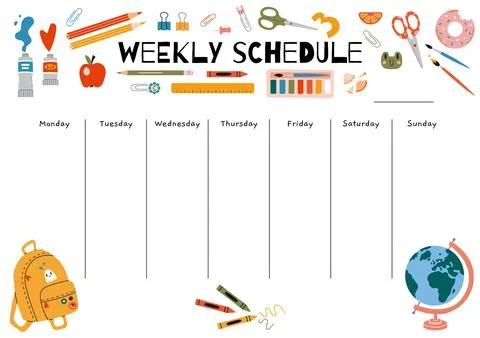 Cute weekly schedule template with school stationery and art supplies, cart.. Stock Illustration