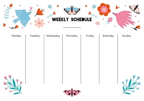 Cute weekly schedule template with spring vibe, birds, butterflies, flowers.. Stock Illustration