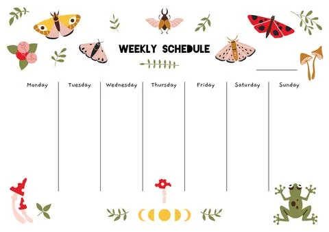 Cute weekly schedule template with summer vibe, moth, mushrooms, cartoon st.. Stock Illustration