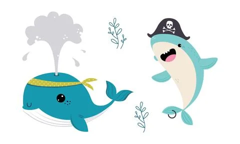 Cute Whale and Shark in Pirate Hat as Sea Animal Vest Floating Underwater Vector Stock Illustration
