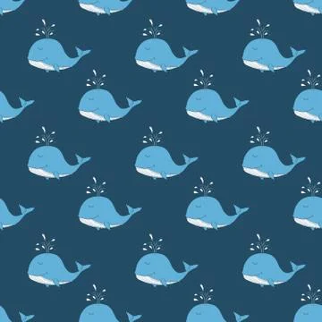 Cute Whale Seamless Pattern Cartoon Hand Drawn Animal Doodles Vector Illustra Stock Illustration