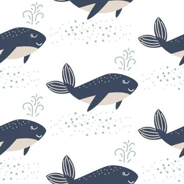 Cute whale seamless vector pattern. Cartoon style blue fun fish background. Illustrazione stock