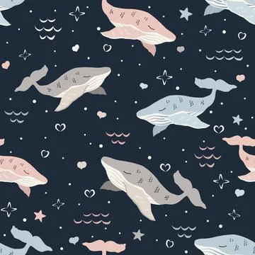 Cute whales seamless pattern on dark background Stock Illustration