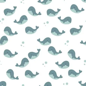 Cute whales, trendy seamless pattern for kids. Vector background with sea ani Illustrazione stock