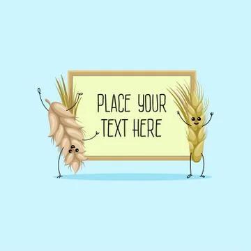 Cute wheat and rye ears cartoon characters hoding banner with space for your Stock Illustration