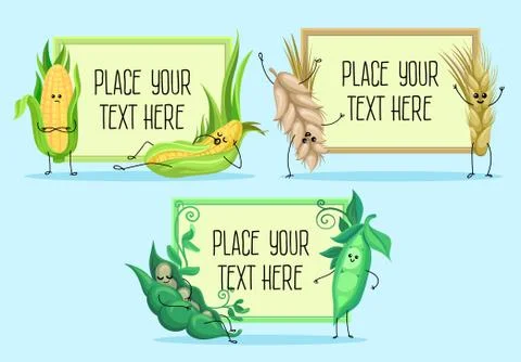 Cute wheat stem, peas and corn characters, cereals and legumes hoding banners Stock Illustration