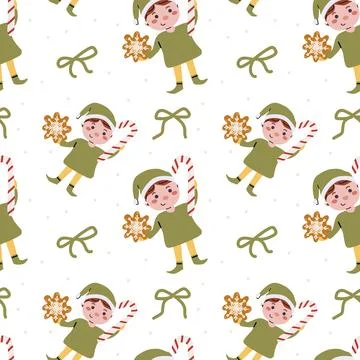Cute whimsical christmas pattern with bows and elf, candy cane and gingerbread Stock Illustration