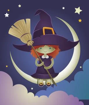 Cute whimsical witch sitting on a crescent moon イラスト素材