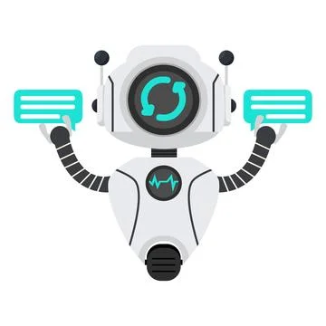 Cute white Ai robot talking speech bubbles Stock Illustration