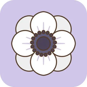 Cute white anemone flower flat icon with thick outline on pastel background. Stock Illustration