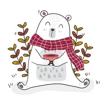 Cute white bear having coffee in spring season with a little bee Stock Illustration