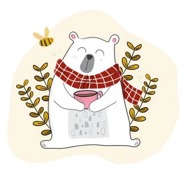 Cute white bear having coffee in spring season with a little bee Stock Illustration