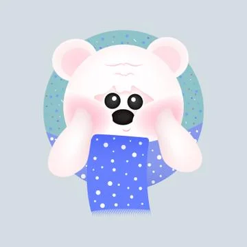 Cute white bear with red cheeks with blue scarf, on blue backgrounds. For baby Stock Illustration
