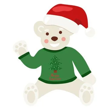 Cute white bear in Santa hat and sweater with Christmas tree, winter holidays Stock Illustration