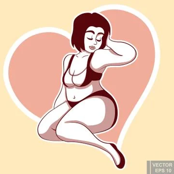 Cute white black chubby plus size plump girl in a swimsuit in sexy pose, beau イラスト素材
