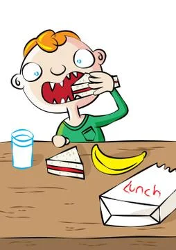 Cute white boy having lunch in school Stock Illustration