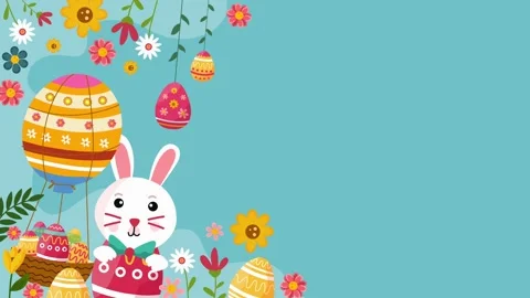 Cute white bunny with decorated easter eggs and colorful flowers Stock Footage 327552480