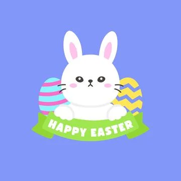 Cute White Bunny with Easter Eggs and Happy Easter Green Ribbon Banner Illustrazione stock