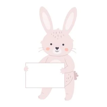 Cute white bunny holding empty banner. Rabbit with empty placard. Иллюстрация