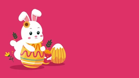 Cute white bunny holding large yellow easter egg on pink background Stock Footage 327518148