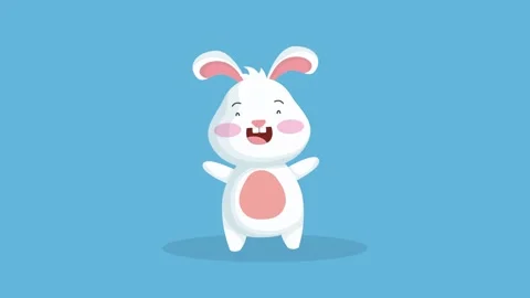 Cute white bunny rabbit character jumping and smiling on blue background fo.. Stock-Footage 338398844