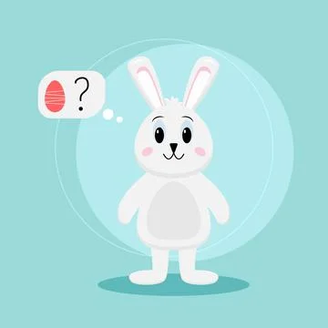 Cute white bunny, rabbit with an easter egg on blue background.  Stock Illustration