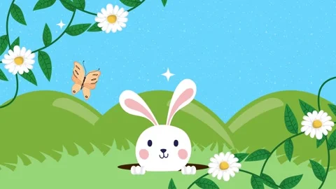 Cute white bunny rabbit pops out of hole in green meadow landscape with but.. Stock Footage 339112333