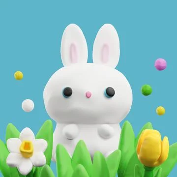 Cute white bunny with spring flowers, vector 3D render Easter rabbit symbol on Stock Illustration