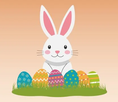 Cute white bunny vector illustration, Happy Easter background Stock Illustration